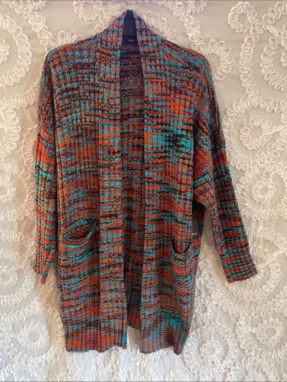 Dex Plus Multicolor Open-Front Long Line Knit Cardigan Pockets Beautiful